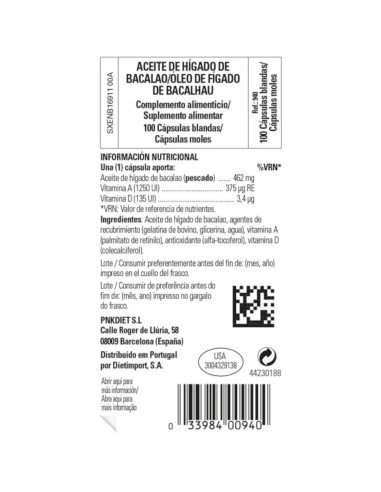 COD LIVER OIL (Aceite Higado de Bacalao) - 100 cápsulas blandas