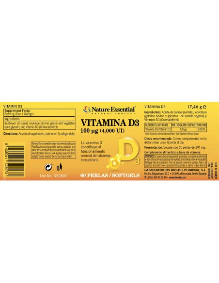 VITAMINA D3 100 mcg (4000 UI) - 60 perlas